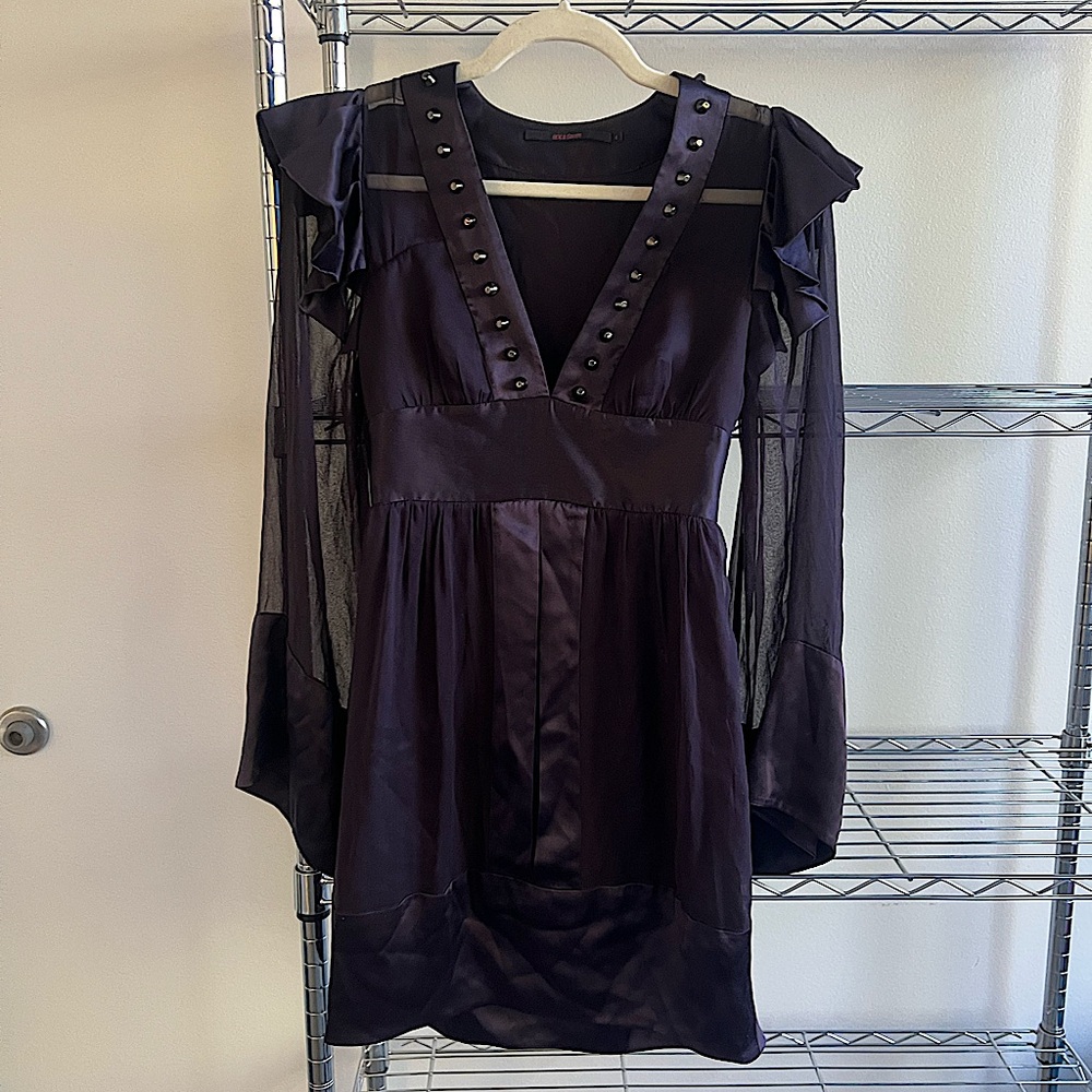 ERICA DAVIES WOMENS LONG SLEEVE SILK MINI DRESS, SIZE US 4, DARK PURPLE